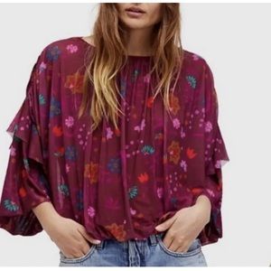 Free People multi color floral mesh ruffle Top size M